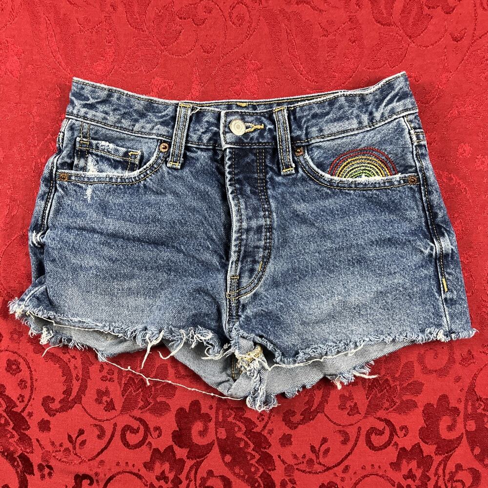 Old Navy Jean Shorts Womens Sz‎ 0 OG Straight High Rise Denim Raw Hem Embroidery